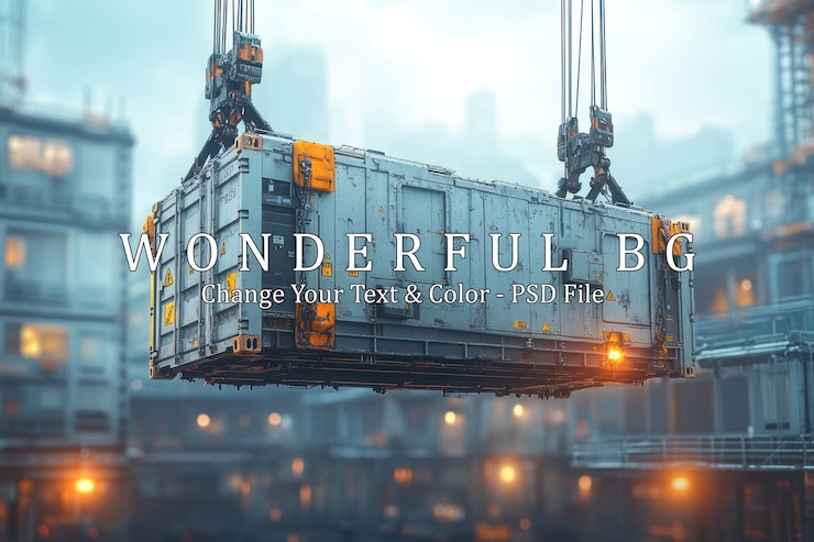 PSD un container di merci futuristico sollevato da una gru in una città