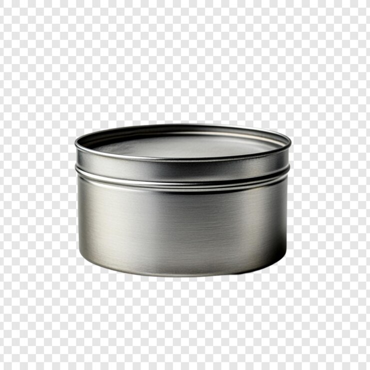 PSD un contenitore di latta metallica d'argento isolato su uno sfondo trasparente perfetto per l'imballaggio del prodotto o il design del modello