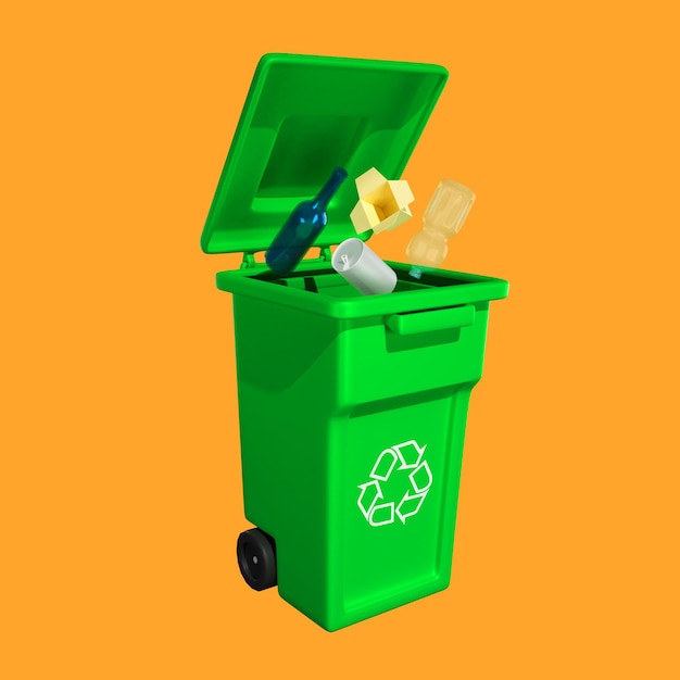 Un contenitore per il riciclaggio verde con un simbolo di riciclaggio sul coperchio.