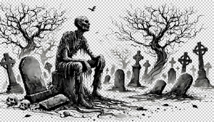 PSD un corpo solitario in decomposizione zombie si siede sopra una lapide in un cimitero