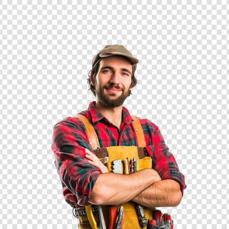 PSD un costruttore sorridente su uno sfondo trasparente