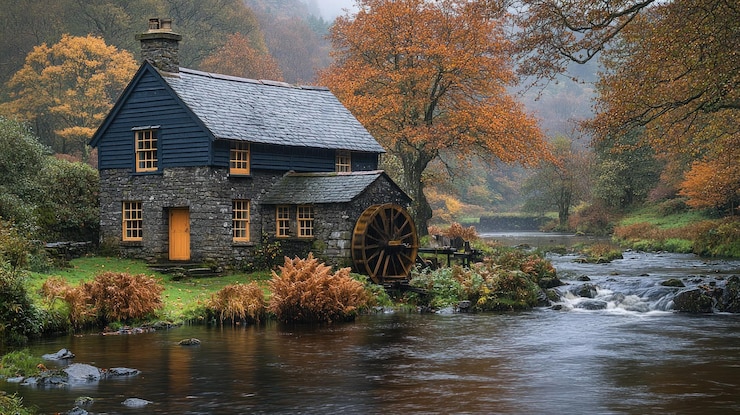 PSD un cottage in pietra con una ruota d'acqua si trova accanto a un fiume veloce circondato da colorate foglie autunnali il fiume degli alberi e il cottage creano un bellissimo paesaggio