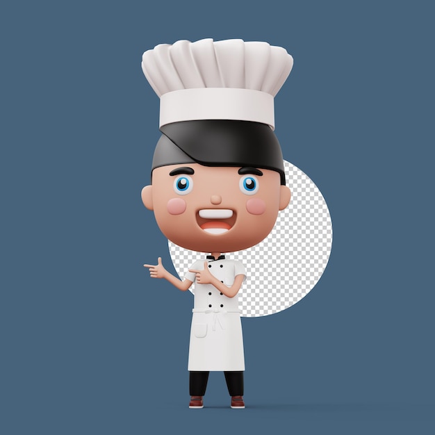 Un cuoco bambino felice che indossa l'uniforme di cuoco che indica con il dito rendering 3D
