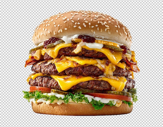 Un delizioso cheeseburger triplo con tutti gli ingredienti