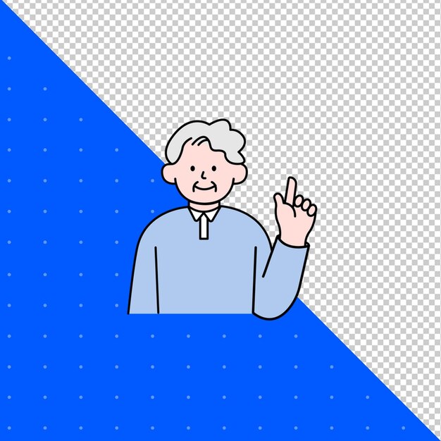un disegno blu e blu di un uomo che indica a destra con una mano che indica in alto