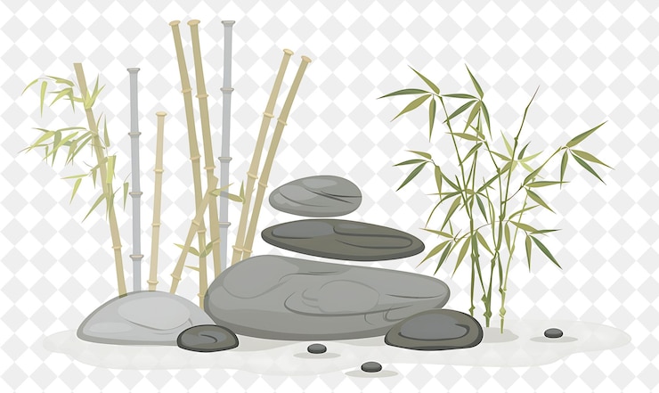 PSD un disegno di cartone animato di un giardino con rocce e bambù in primo piano