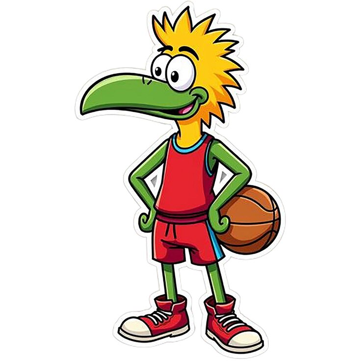 PSD un disegno di cartone animato di un giocatore di basket con un basket