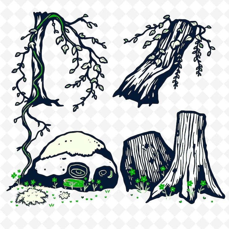 PSD un disegno di un albero con un albero e una roccia