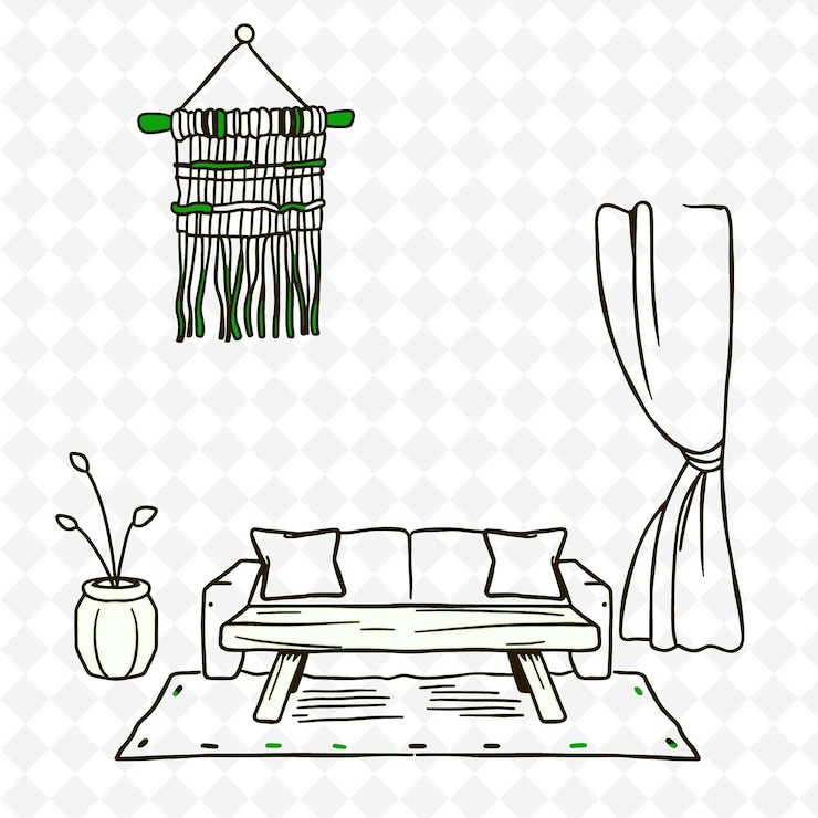 PSD un disegno di un divano e una lampada con un nastro verde