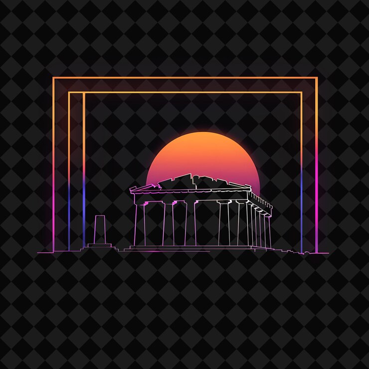 PSD un disegno di un edificio con un tramonto in cima