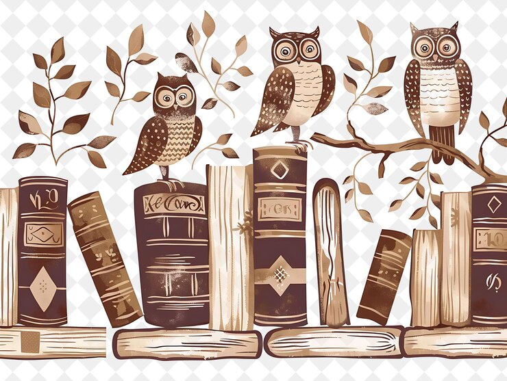 PSD un disegno di un gufo e un libro con gufi sulla parte anteriore