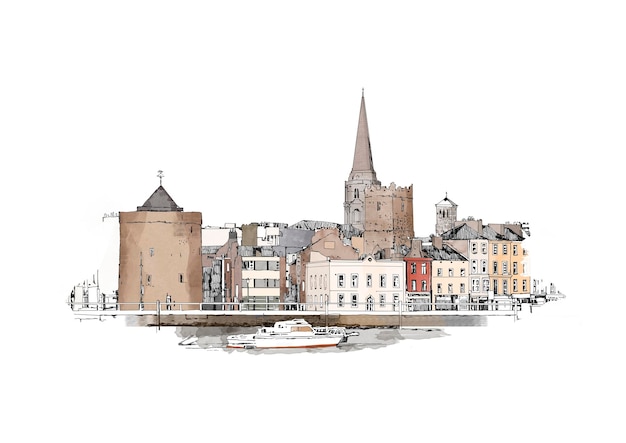 un disegno di una città con una chiesa e una torre che ha un campanile