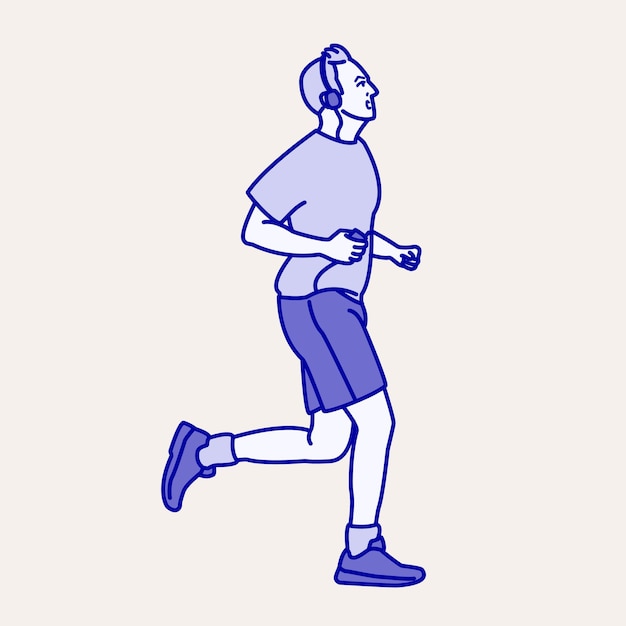 un disegno di una donna che corre in una camicia blu con un logo bianco su di essa