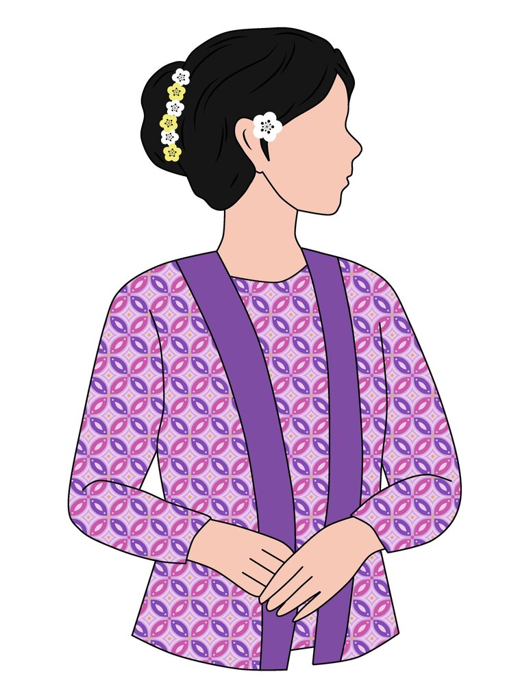 un disegno di una donna con un vestito viola con un arco rosa