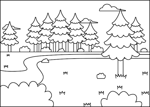 un disegno di una foresta con alberi e nuvole