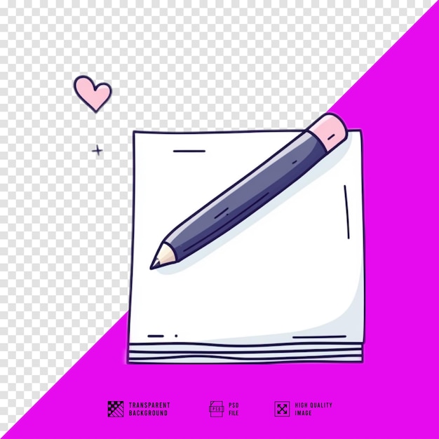 un disegno di una penna e un quaderno con un cuore rosa in fondo