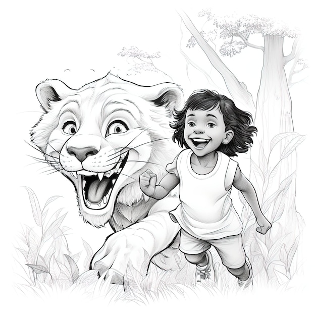 Un disegno di una ragazza e una tigre con una tigre sulla schiena.