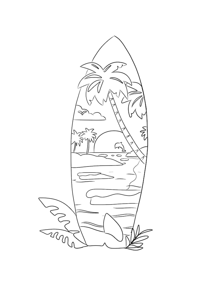 PSD un disegno di una tavola da surf con palme e una palma