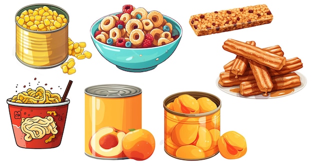 un disegno di una varietà di cereali e alimenti