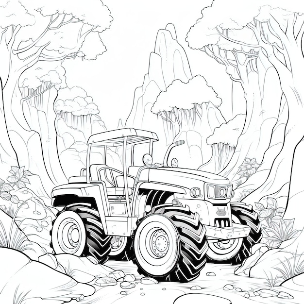 Un disegno in bianco e nero di un trattore con alberi sullo sfondo.