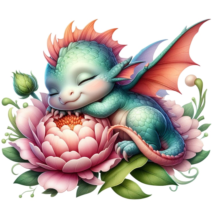 PSD un drago con un drago sulla testa si siede su un fiore