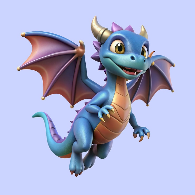 PSD un drago dei cartoni animati con la coda blu e le ali gialle