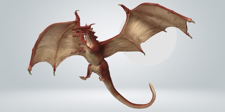 PSD un drago rosso con una lunga coda sta volando nell'aria