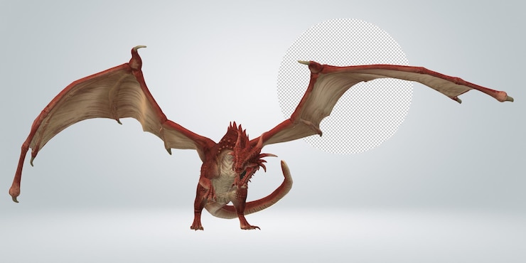 PSD un drago rosso con una lunga coda sta volando