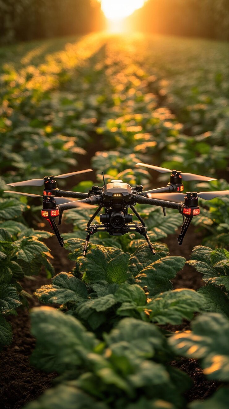 PSD un drone nero vola su un campo di piante verdi con il sole che tramonta sullo sfondo