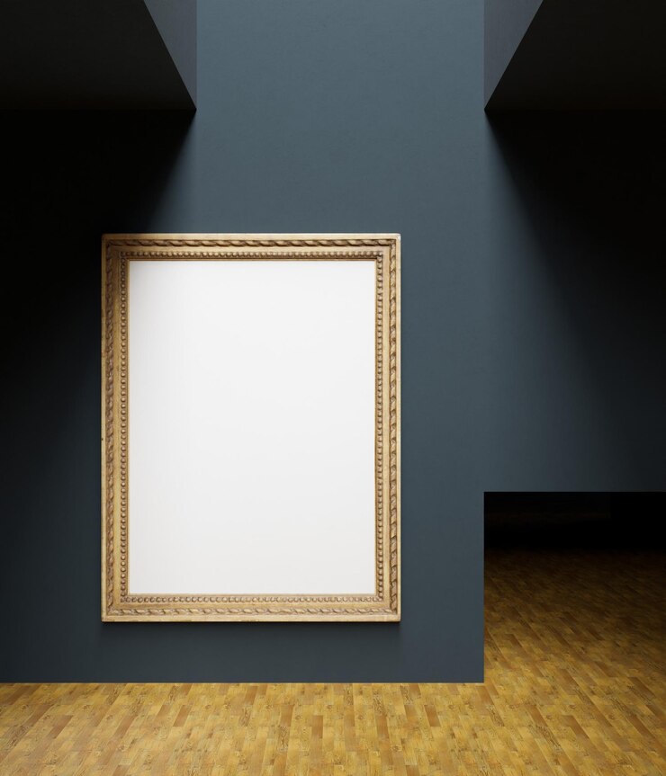 PSD un enorme poster di modellazione di telaio in legno vintage appeso nella galleria d'arte minimalista