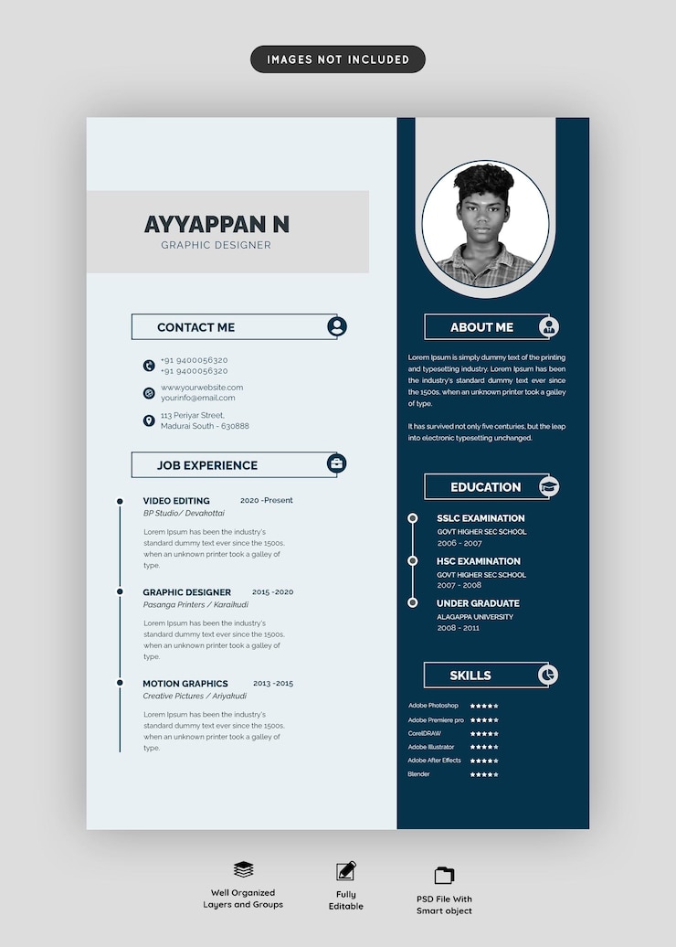 PSD un file psd di curriculum vitae blu e bianco
