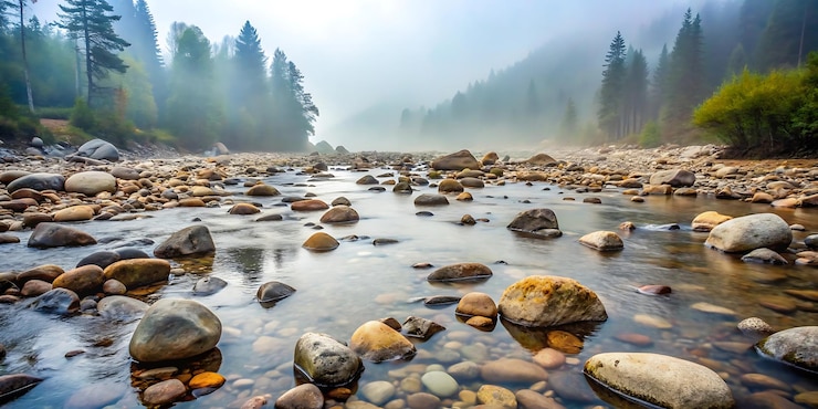 PSD un fiume nella nebbia con rocce e alberi sullo sfondo