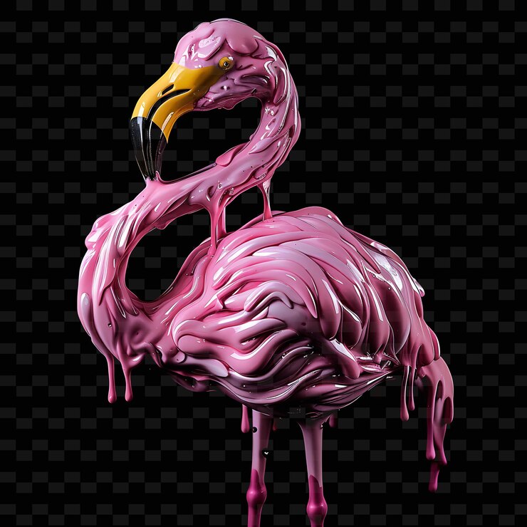 PSD un flamingo rosa con un becco giallo è in piedi su uno sfondo nero