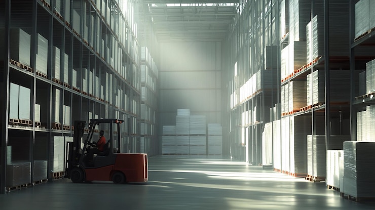 PSD un forklift in un grande magazzino pieno di prodotti su scaffali di metallo la luce solare scorre attraverso il soffitto alto un operaio guida un forklift attraverso il magazzino