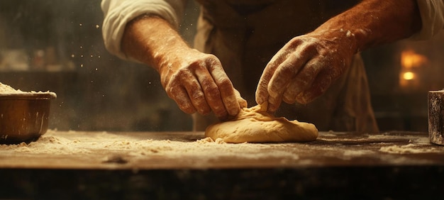 Un fornaio artigianale che impastano la pasta Una scena di panetteria rustica