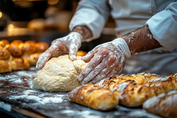 PSD un fornaio impasta la pasta per il pane in una cucina commerciale con guanti bianchi e farina