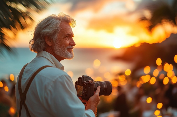 PSD un fotografo anziano cattura un bellissimo tramonto ad un matrimonio in spiaggia con una telecamera professionale