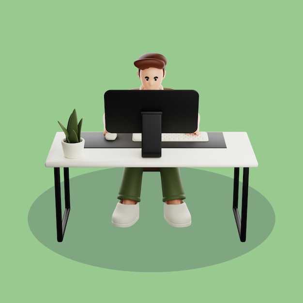 Un funzionario di ufficio in cartone animato 3D alla scrivania