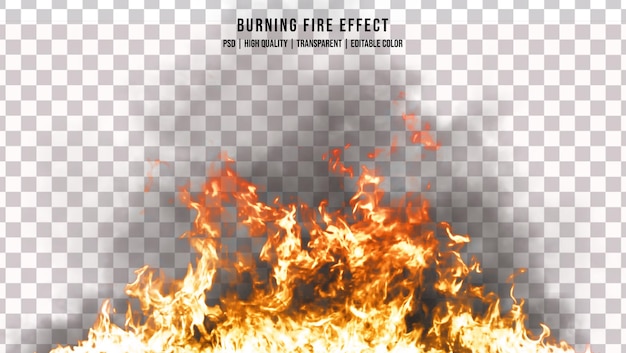 Un fuoco ardente realistico con effetto scintille e fumo nero su sfondo trasparente