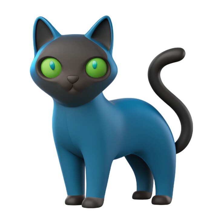 PSD un gatto blu con gli occhi verdi e una coda nera