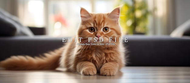 Un gatto rosso carino sul tappeto del soggiorno.