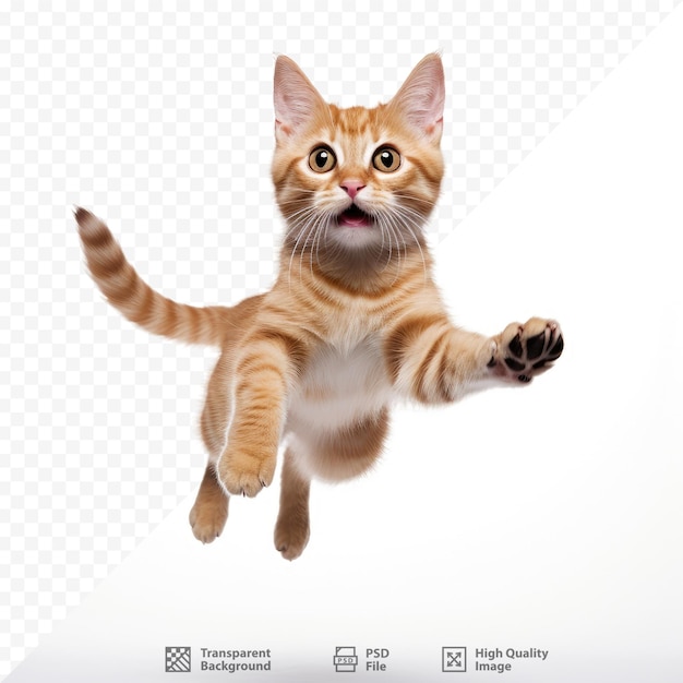 un gatto sta saltando in aria con la lingua fuori.