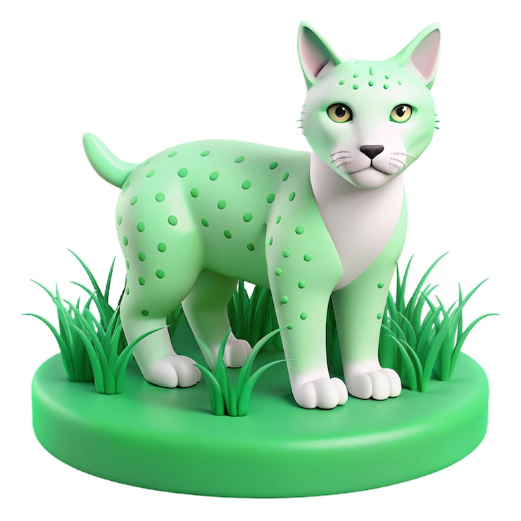 PSD un gatto verde e bianco con gli occhi verdi in piedi in un campo di erba
