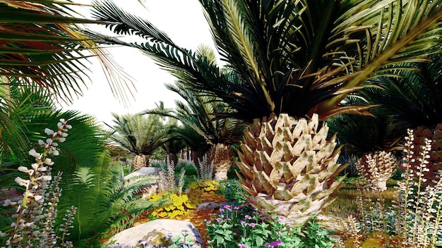 Un giardino con palme e fiori