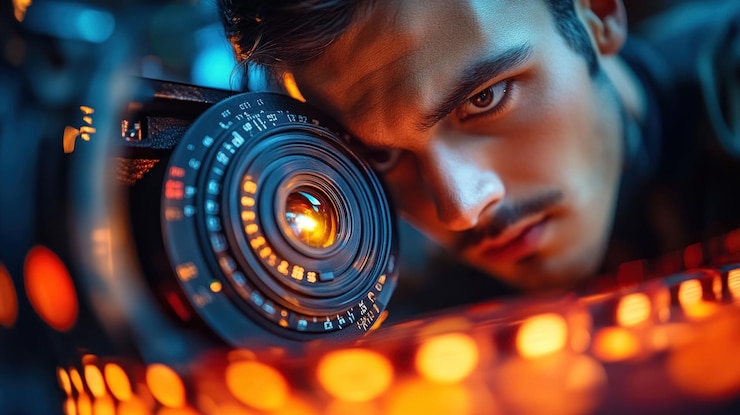 PSD un giovane uomo che sbircia attraverso l'obiettivo di una macchina fotografica d'epoca con un'espressione seria circondato da un caldo bokeh sfocato