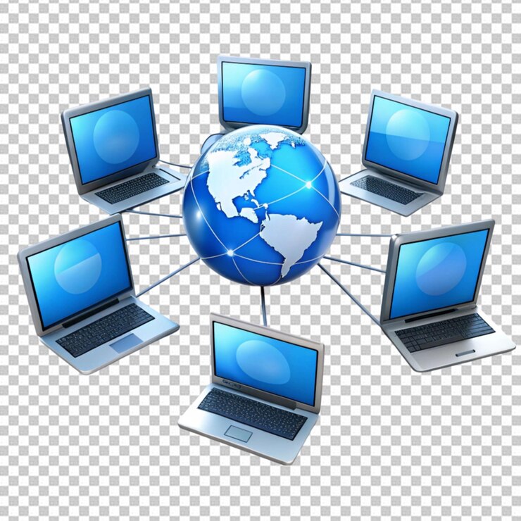 PSD un globo circondato da laptop e computer su uno sfondo trasparente