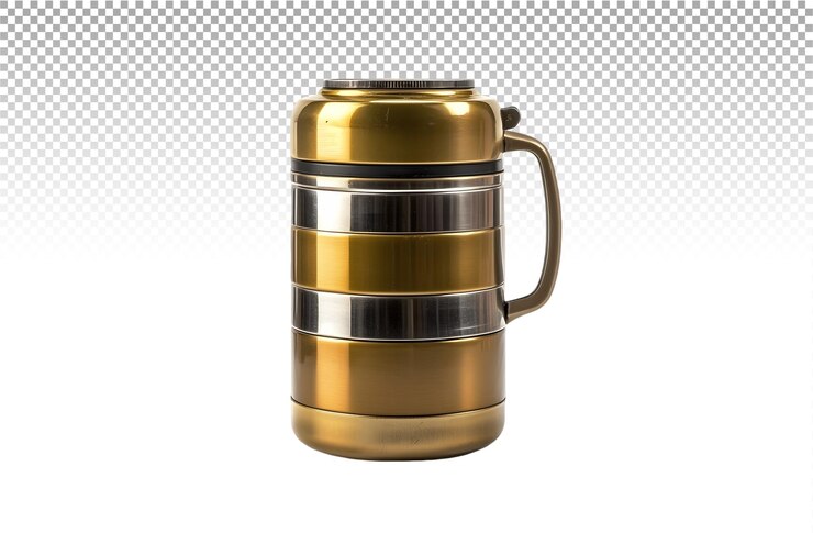 PSD un grande thermos dorato con una maniglia d'argento