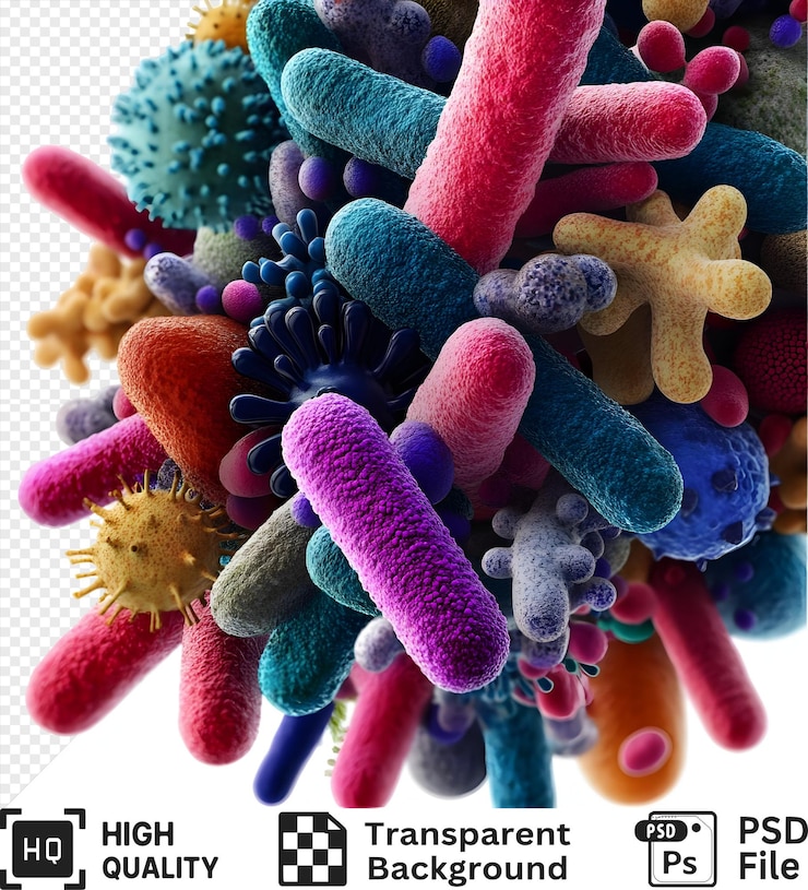 PSD un grappolo di colorati batteri di diverse forme e consistenze isolati su uno sfondo trasparente