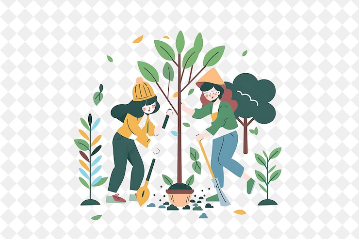 PSD un gruppo di donne che scavano in un giardino con una pentola con piante e alberi