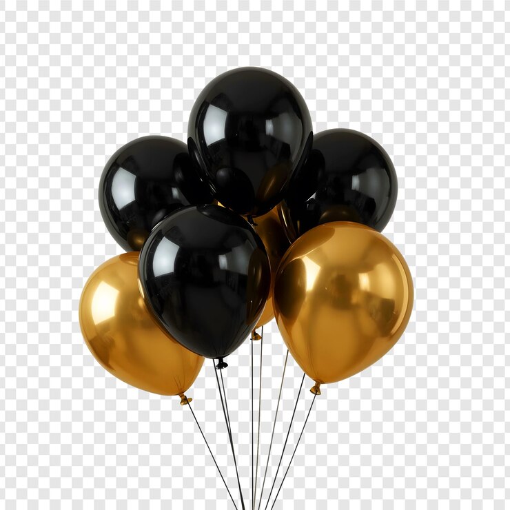 PSD un gruppo di palloncini neri e dorati lucidi su uno sfondo trasparente